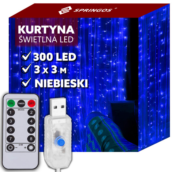 Kurtyna świetlna niebieski 300 Led  3x3 m lampki wewnętrzne