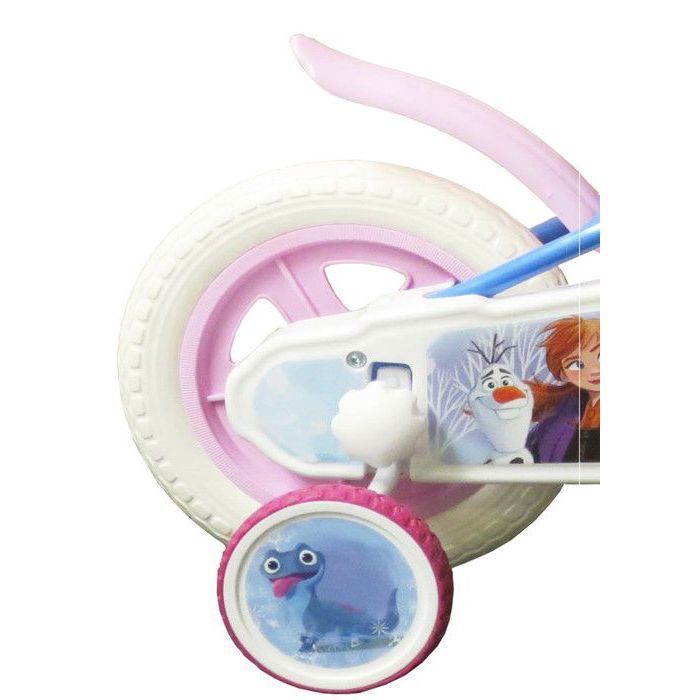Vélo enfant 10'' Reine des neiges - 1 frein - panier avant, garde-boues, carter, roues à bâtons & 2 stabilisateurs amovibles !