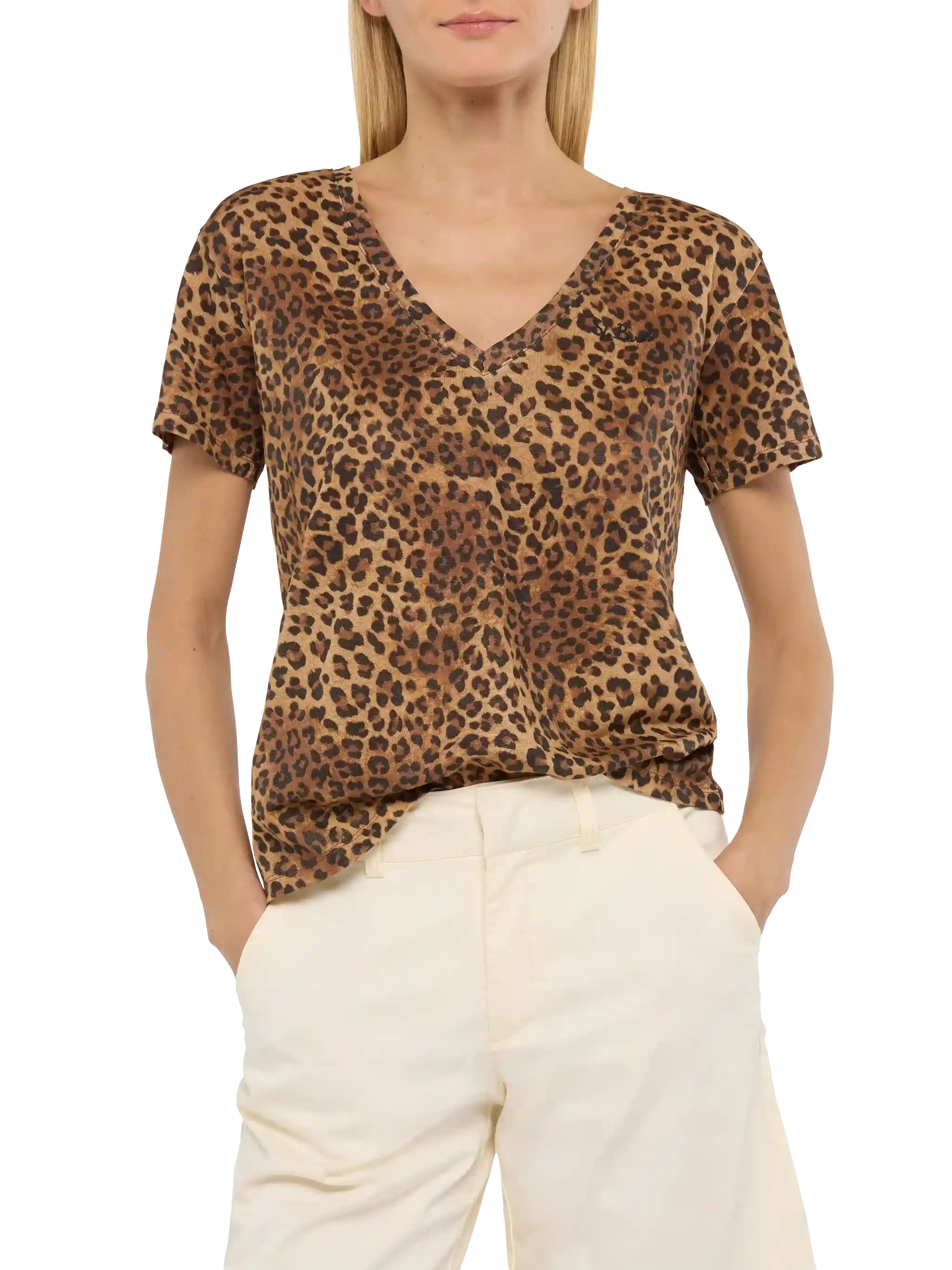 Eloise T-shirt met V-hals van linnenjersey met dierenprint.