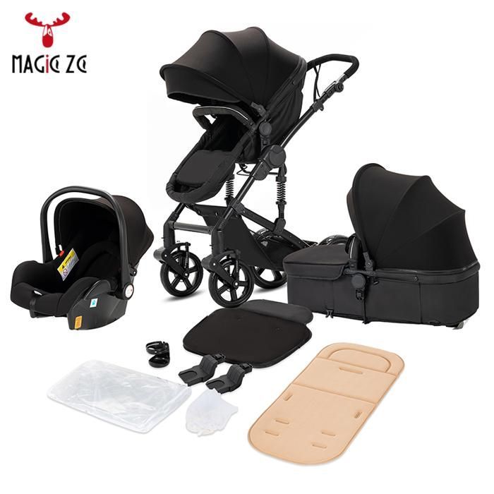 Poussette 3 en 1 Magic ZC Poussette Pousette trio 3 en 1 Pousette Pliage en un clic siège auto et nacelle Max 15kg 6 cadeaux Noir