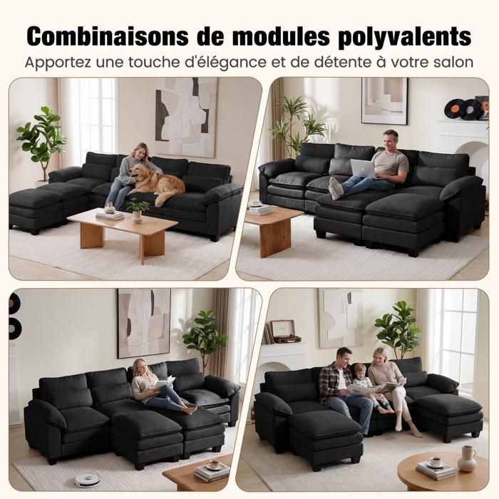 Sofá esquinero modular extragrande en forma de U, cojín de asiento de doble capa tipo nube, 2 otomanas extraíbles, tejido de terciopelo negro tipo peluche.