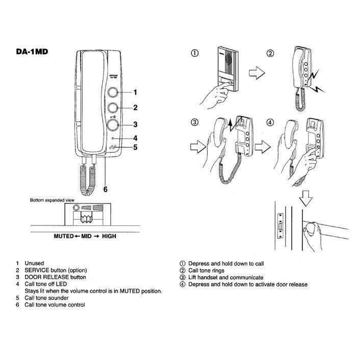 2-Wire Audio Handset - AIPHONE - DA1MD - Compatible with DA1DS, DA2DS, DA4DS - Indoor Use - White
