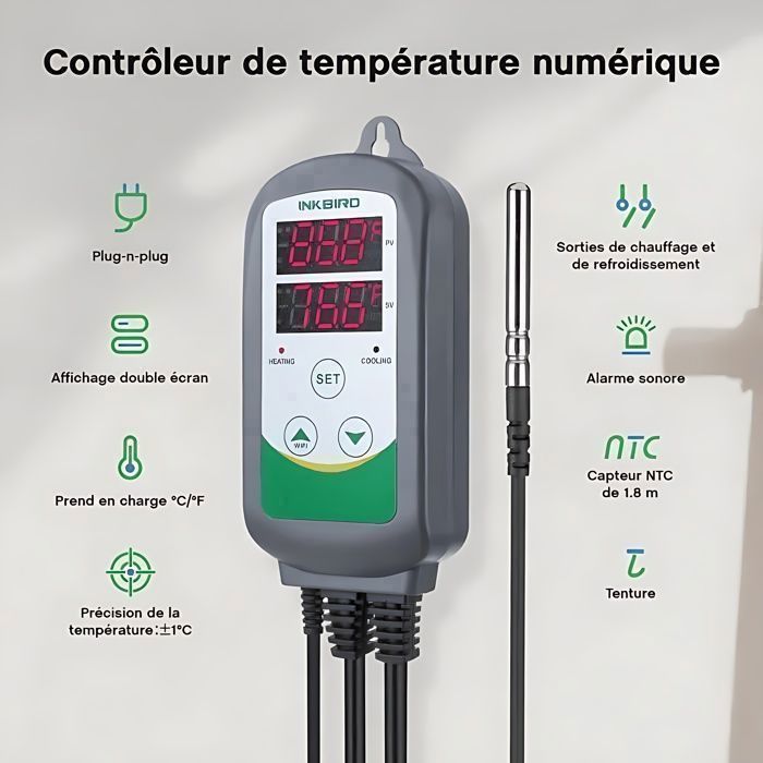 Termostato digital enchufable INKBIRD ITC-308 con 2 relés, 220 V y sonda; regulador de temperatura para refrigeración y calefacción en invernaderos.