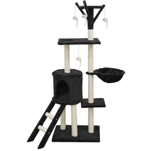 JIPSY Arbre à chat noir 79 x 34 x 138 cm - 3 plateformes, 1 perchoir, 1 niche,  1 escalier, poteaux à griffer