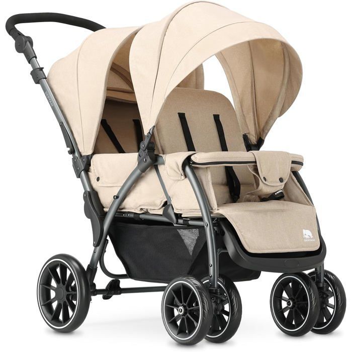 Cochecito doble tándem para niños - Arnés ajustable de 5 puntos - Apto hasta 4 años en color turrón