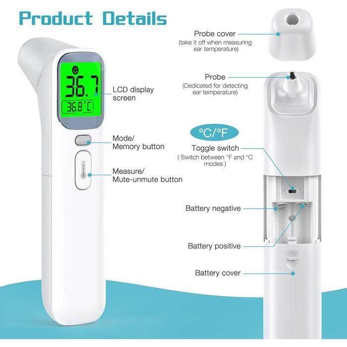 Thermometre Frontal,Thermomètre Infrarouge Thermometre Auriculaire Adulte Bébé Enfants Sans Contact avec Alerte Fièvre 4 en 1