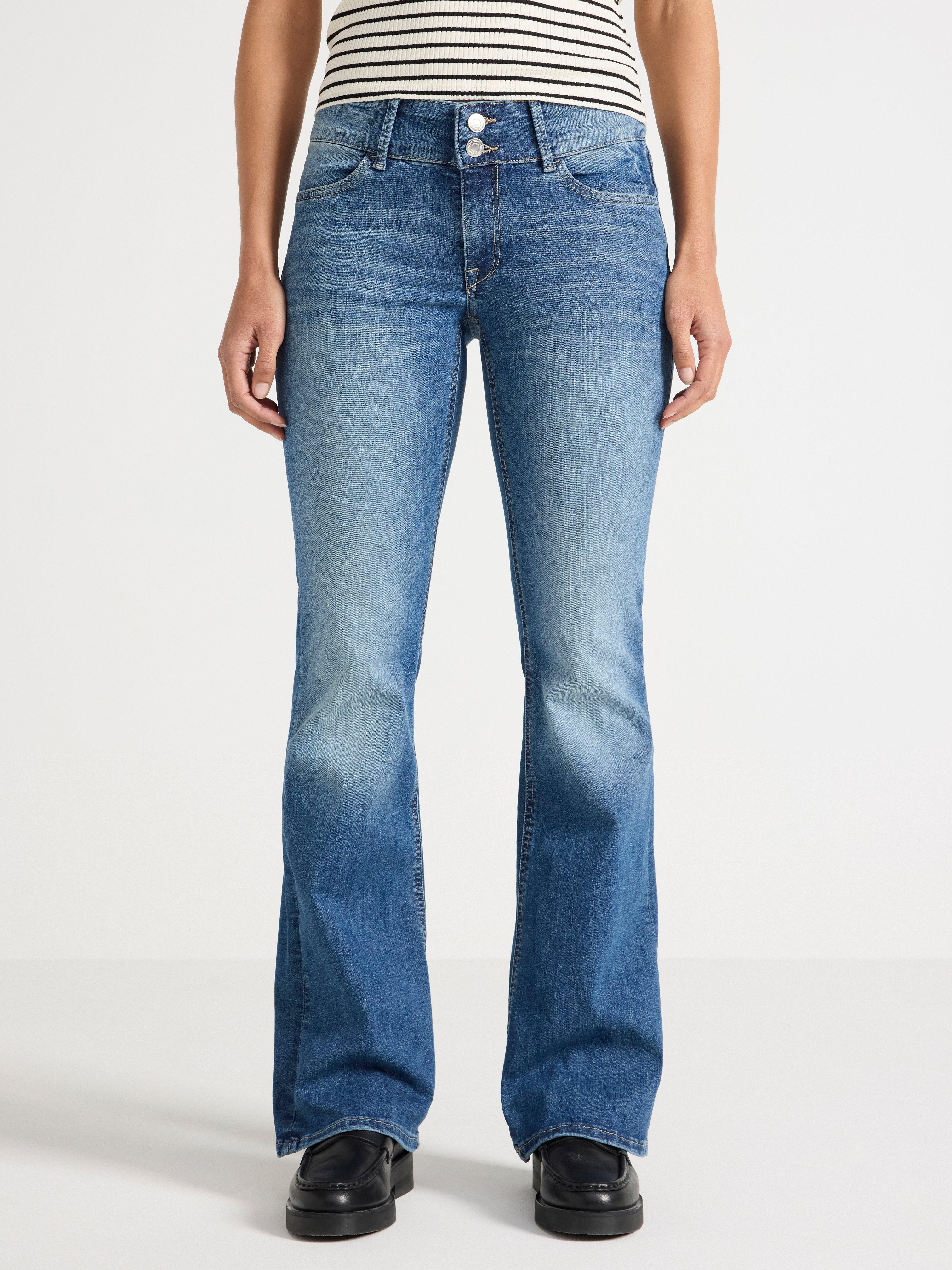 Pantalones vaqueros elásticos FLARE de talle bajo color azul vaquero
