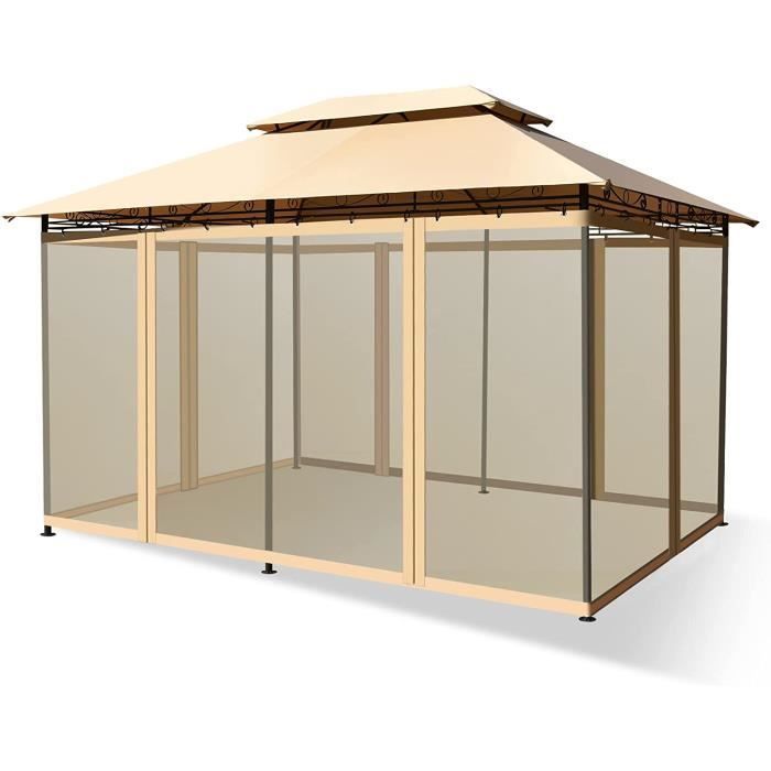 GYMAX Pavillon Tonnelle de Jardin avec Double Toit,Moustiquaires Amovibles,Tente de Réception Imperméable,390 x 290 x 270 CM,Havane