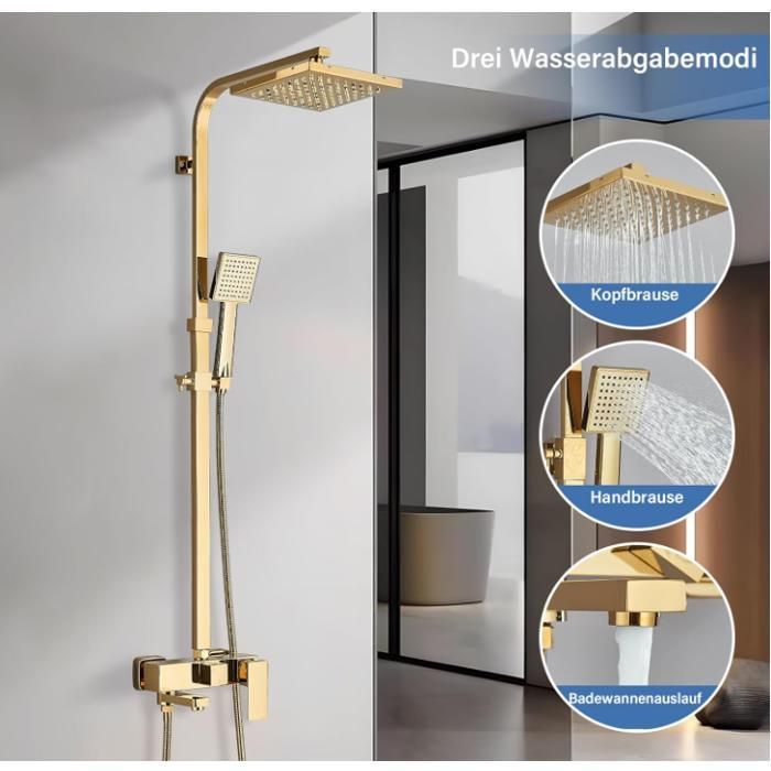 Colonne de Douche Ensemble de Douche, Set de Douche en Laiton,Douche de Pluie 20x20cm et Barre de Hauteur Ajustable, Doré