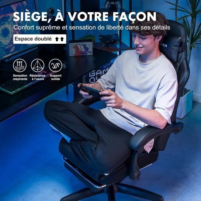 Silla gaming regulable en altura - Doble respaldo - Soporte lumbar - Negra