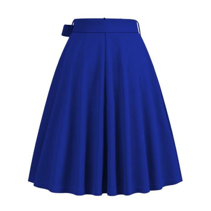 Falda skater plisada para mujer, cintura alta, elástica, falda midi acampanada con cinturón, color liso, cómoda - Azul oscuro