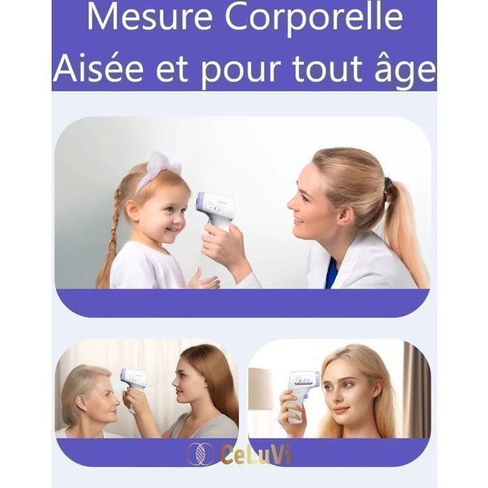 Thermomètre Frontal rapide et précis bébés et adultes - CeLuVi - Avec alarme fièvre par Code Couleur, Ecran LCD, historique