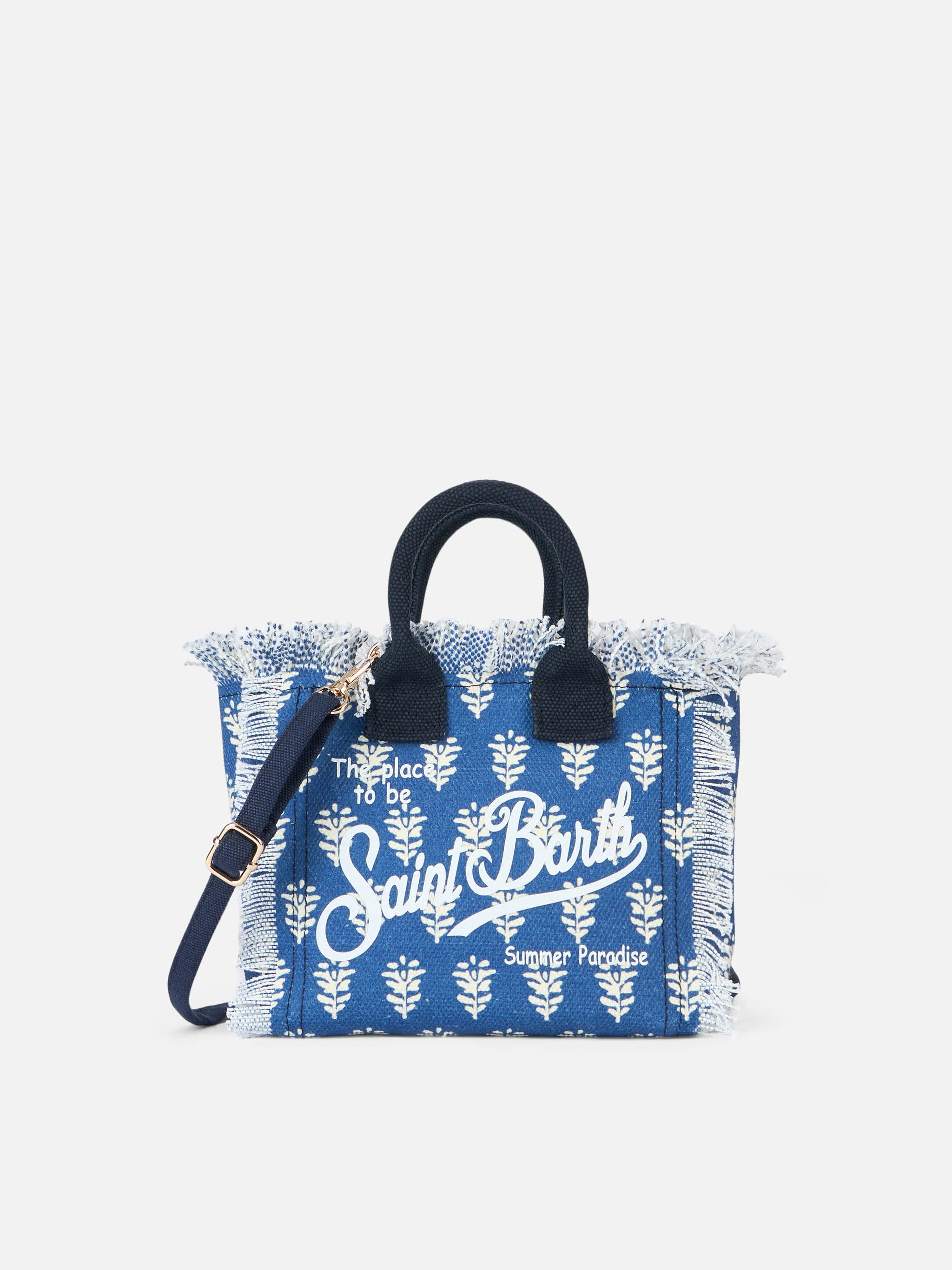 Coton Mini Vanity Canvas Bag | Indigo Flower Print | Saint Barth Logo | Zipper Closure | Inner Zipped Pocket | Detachable Strap | MC2 Saint Barth