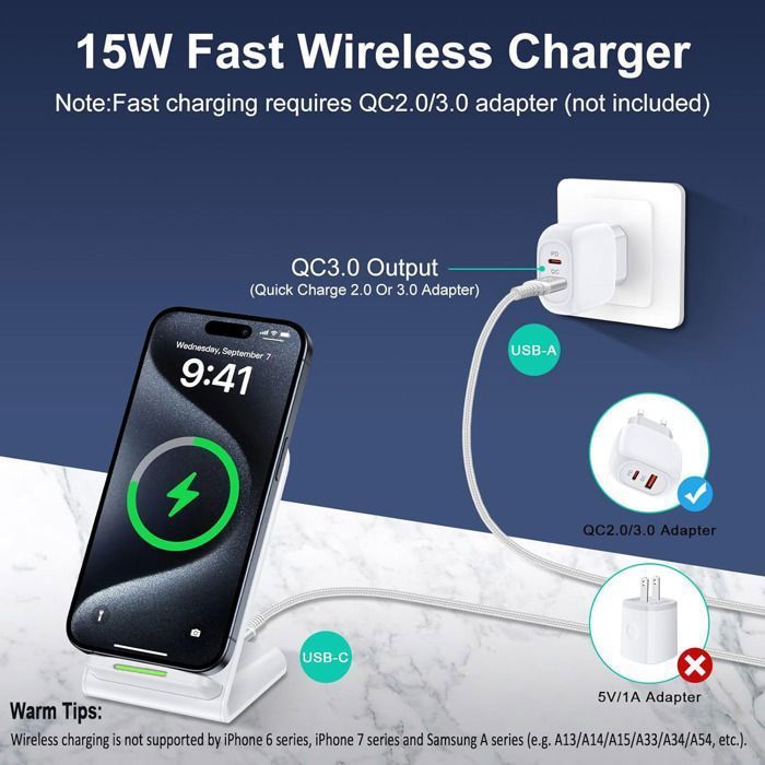 Cargador inalámbrico, 15W con certificación Qi, TOPESCT, para iPhone 16/15/14/13/12/11/XR/X/8, Samsung Galaxy S24/S23/S22/S21/S20