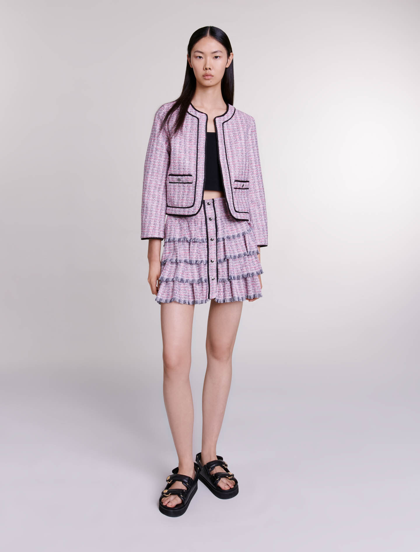 Fustă scurtă din tweed - Roz/negru