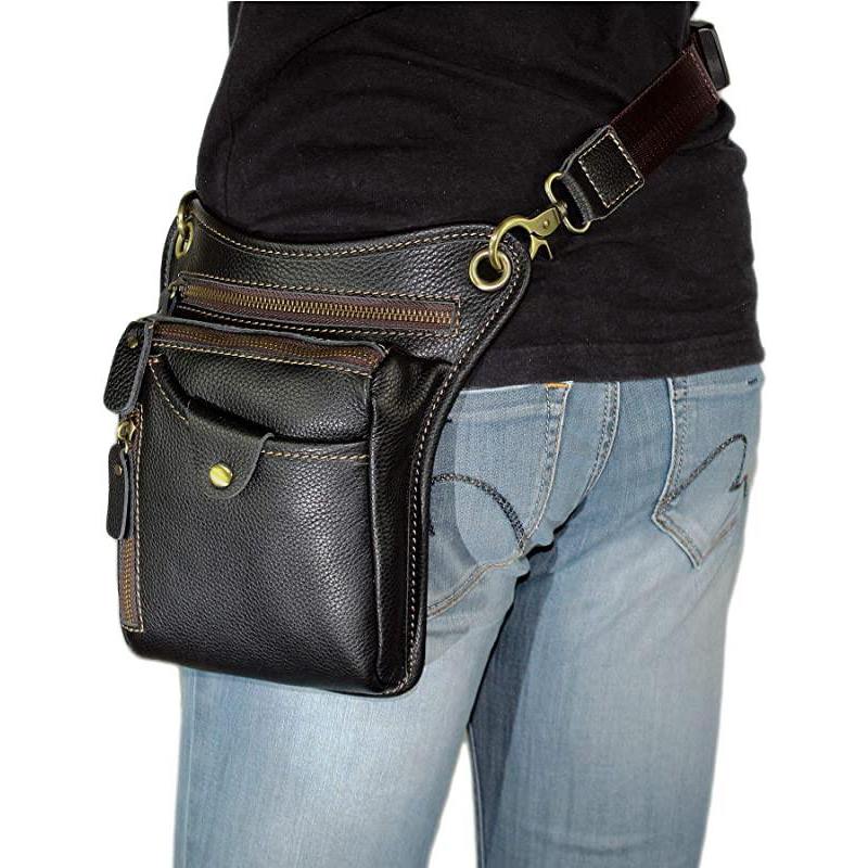 Sacoche de cuisse en cuir véritable pour motards, modèle homme et femme, noire.