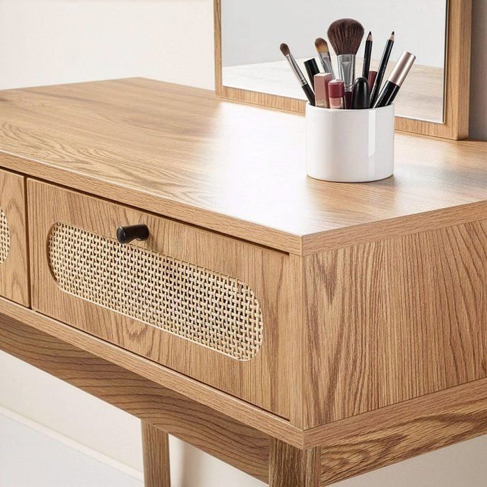 CALICOSY - Coiffeuse avec miroir et 2 tiroirs façades rotin L80 cm ALIA - Bois clair