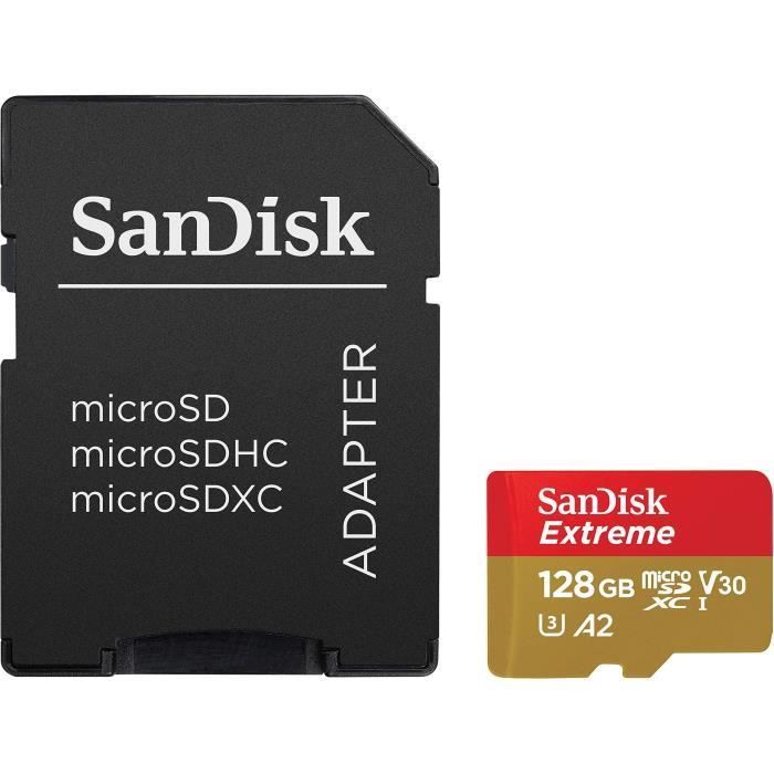 Carte Mémoire microSDXC SanDisk Extreme 128 Go + Adaptateur SD avec Performances Applicatives A2 jusqu'à 160 Mo/s, Classe 10, U3,