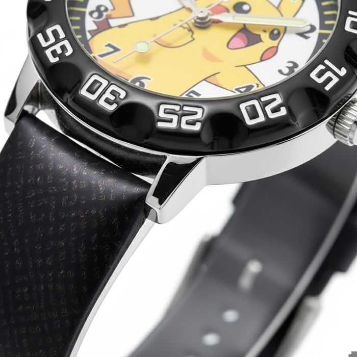 Reloj infantil de Pikachu | Correa de cuero vegano negro | Correa ajustable | Movimiento de cuarzo | Diseño de Pokémon