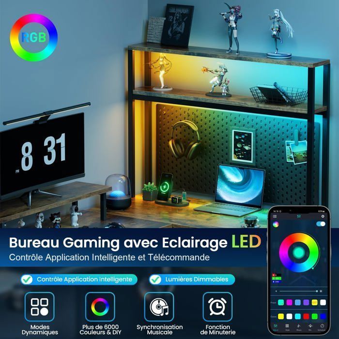 HLONONE , 150 x 100cm Bureau d'angle Gaming en L avec LED, avec Prise Intégrée & Port USB,avec Tiroir, Sac de Rangement, Marron
