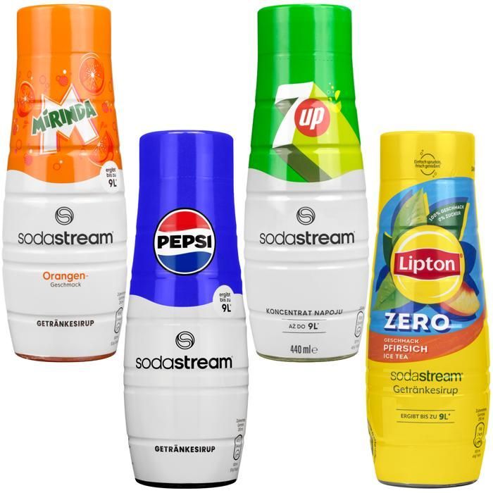 Paquete de 4 jarabes para SodaStream - PepsiCo - Pepsi Mirinda 7Up Lipton Zero - Bebidas gaseosas caseras
