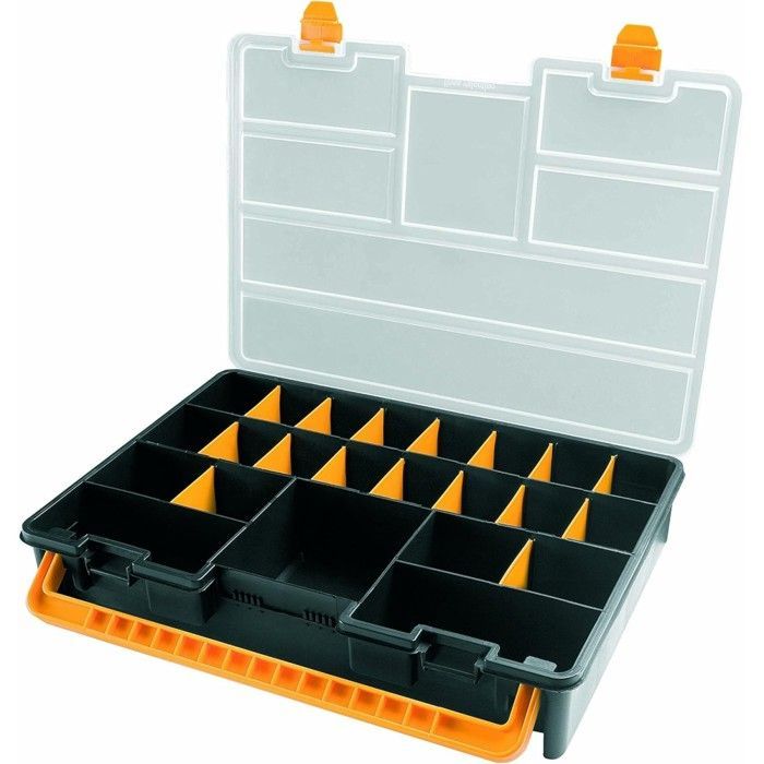 Caja organizadora profesional con 23 compartimentos extraíbles, color negro y naranja, 44,3 x 31,7 x 8 cm, INTEC