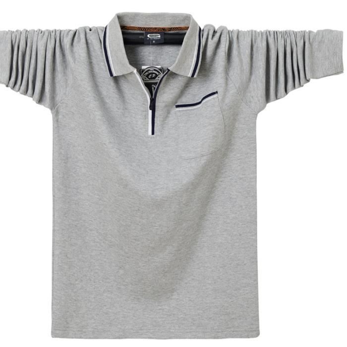 INSFITY Men's Polo Shirt - Long Sleeves, Fold-Down Zip Collar - Cotton - Light Grey
