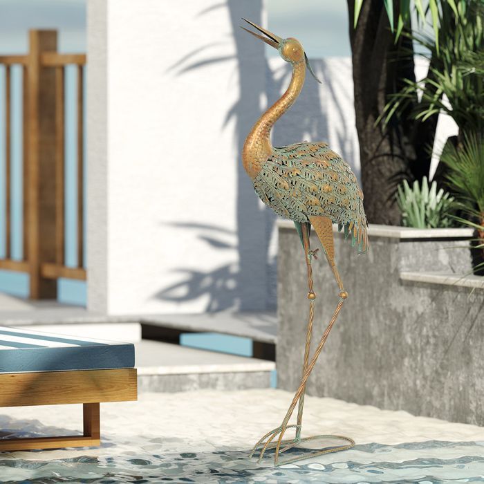 Statue jardin exterieur de héron - Outsunny - en métal 90 cm - pour étang, patio, terrasse, pelouse - multicolore