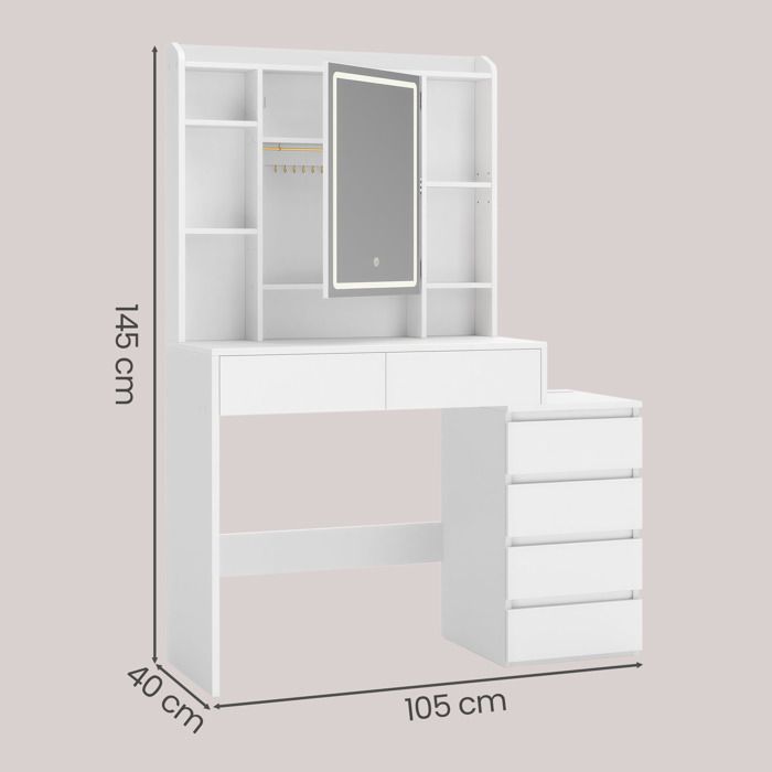 Tocador con espejo LED grande de brillo regulable, regleta, 40 x 105 x 145 cm, blanco.