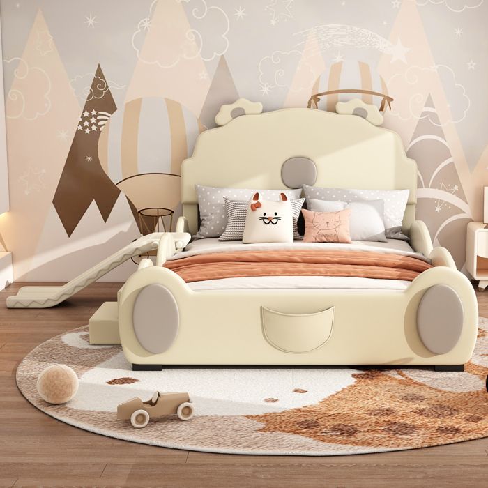 Cama infantil - MODERNLUXE - 140x200cm - Beige - Diseño de oso - Tobogán incluido