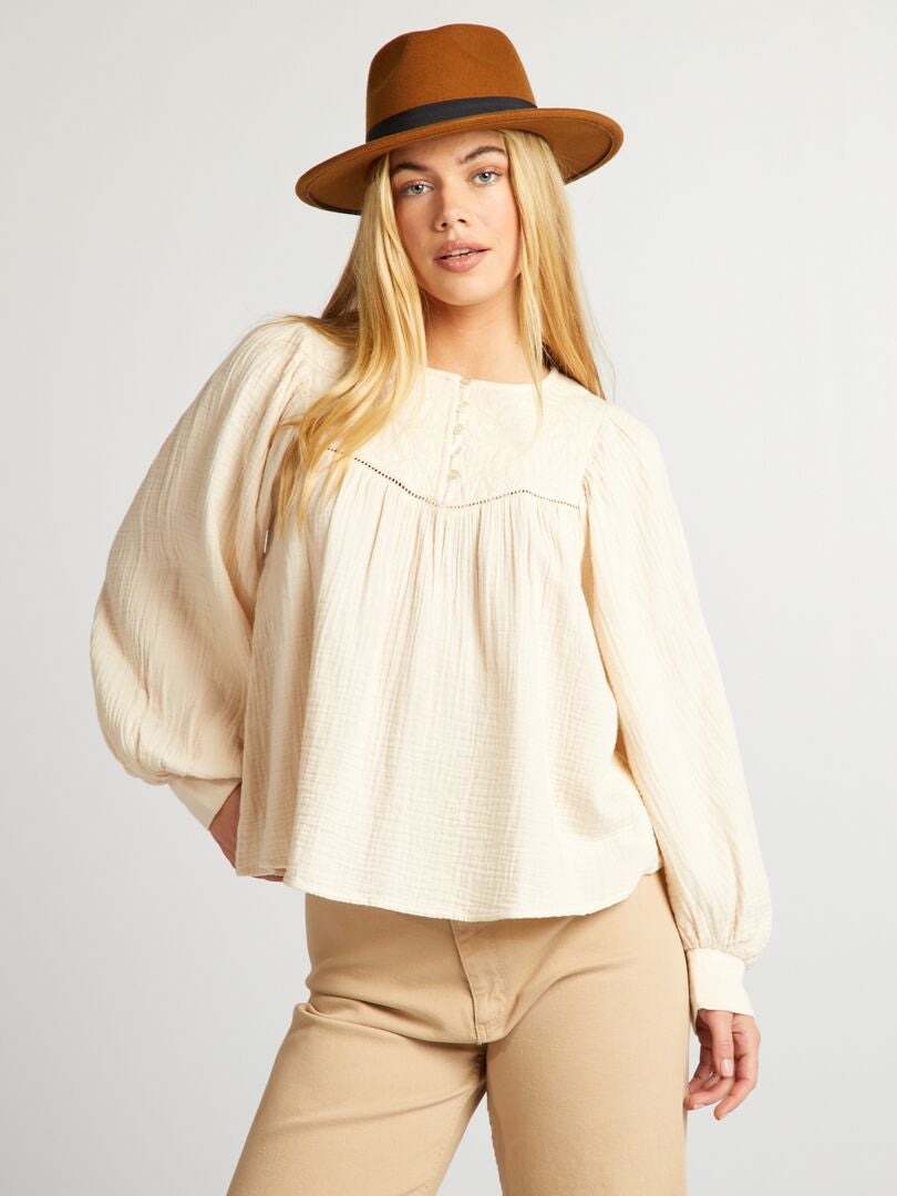 Blusa in garza di cotone con ricamo - BEIGE