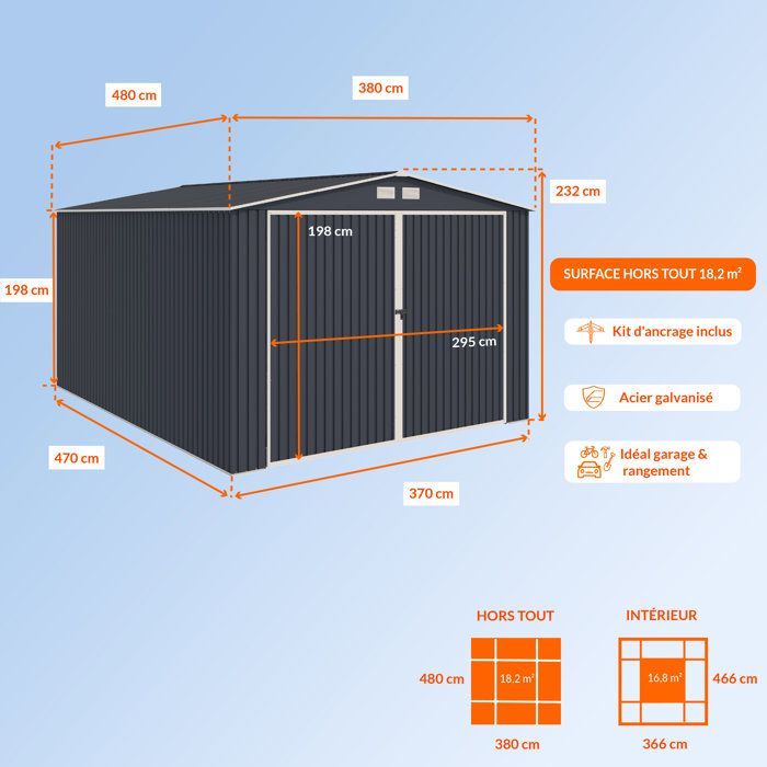 18,2 m² hageskur/garasje i metall - 380 x 480 x 232 mm - ORION forankringssett, 2 skyvedører foran, 1 sidedør