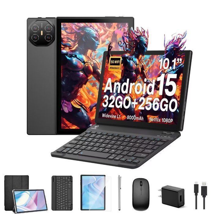 TAKINURU Tablet – 10,1 Zoll – Android 15 – 32 GB RAM – 256 GB Speicher – 8000 mAh Akku – 5G/WLAN – Grau