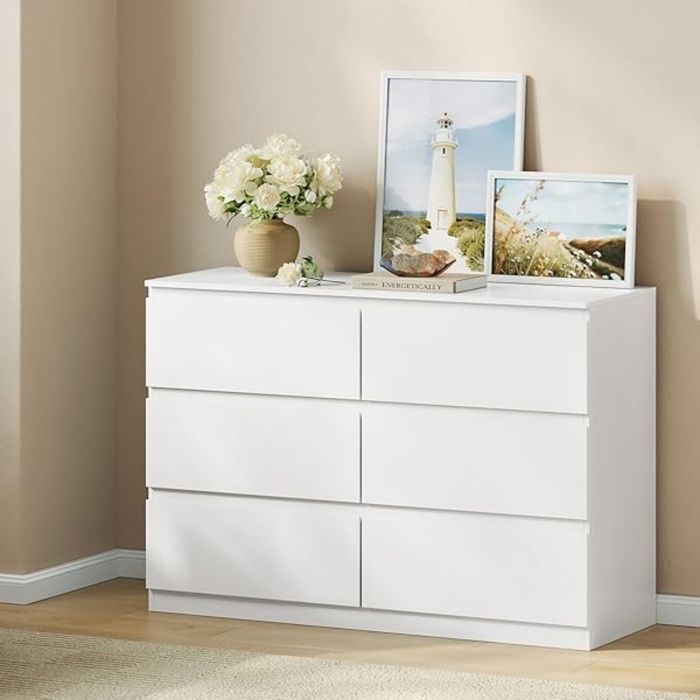 Commode 6 Tiroirs - 100x36x69cm - WOLTU Meuble de Rangement Moderne Blanc - Assemblage Facile
