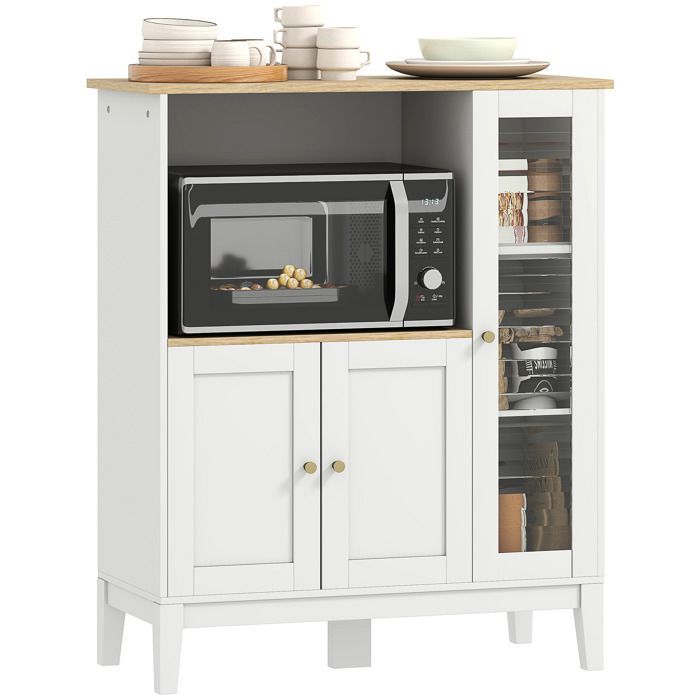 Mueble para microondas - HOMCOM - mueble de cocina con 1 nicho, 3 puertas de cristal templado - madera y cristal - 80x35x97cm - blanco