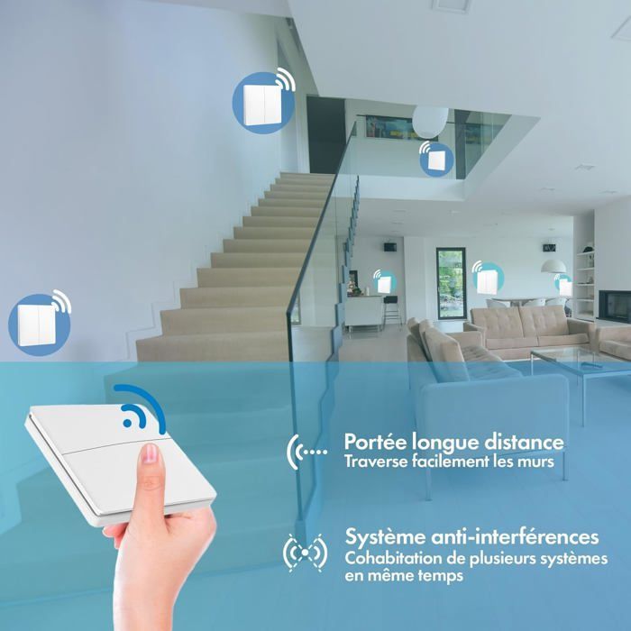 Wireless and battery-free two-way switch kit - 6 double-pole push buttons + 2 screw-in sockets with radio receiver