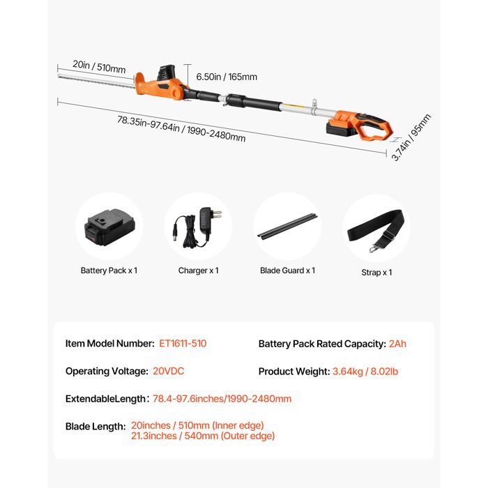 DUOKU elektrische heggenschaar - Uitschuifbare steel - 20V - Blad van 510 mm - 5 instelbare hoeken