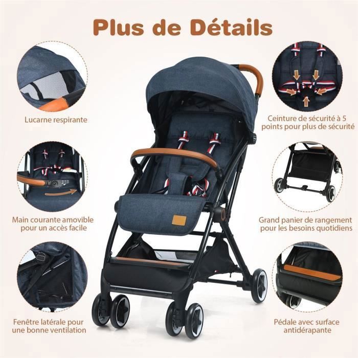 Poussette Bébé 0-3 Ans Pliable à une Main avec Tige COSTWAY Dossier-Repose-pieds Réglables-Auvent Rétractable-Sangle d'Attache Bleu