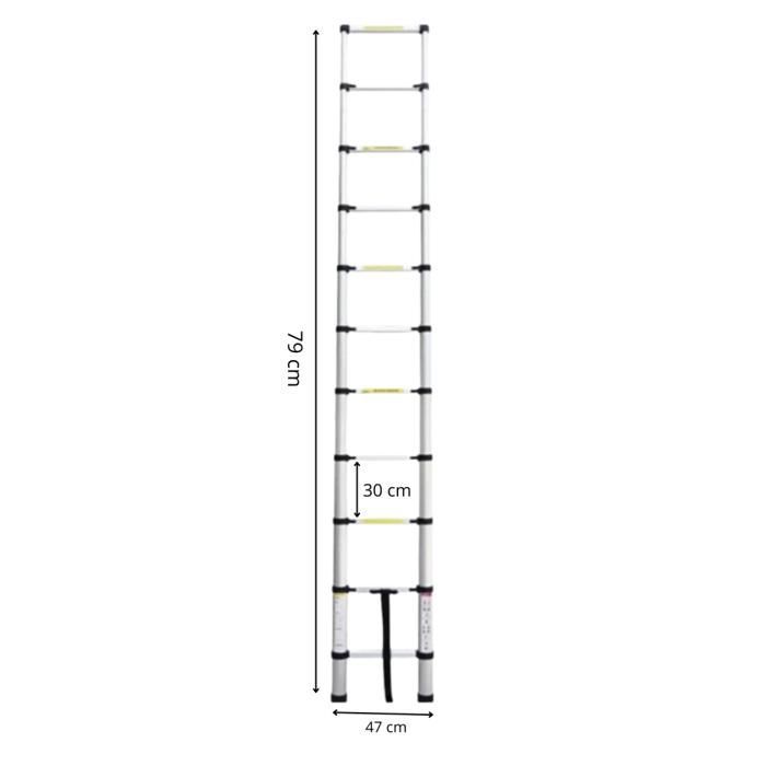 Escalera telescópica de aluminio de 11 peldaños, 3,2 m de altura, con barra estabilizadora.