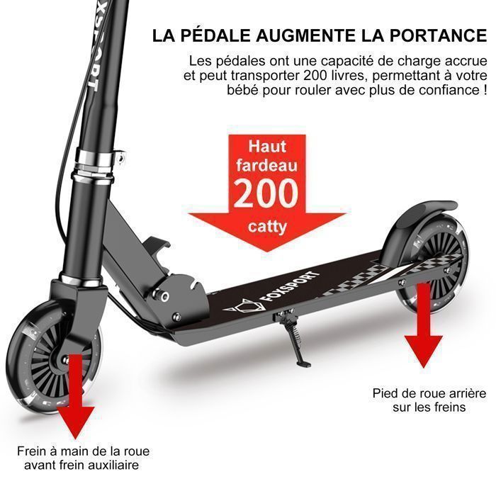 Trottinette Enfants - FOXSPORT - Réglable en Hauteur - Frein à main - Guidon Ajustable de 3 Niveaux - Pliable - Charge 100KG - Noir