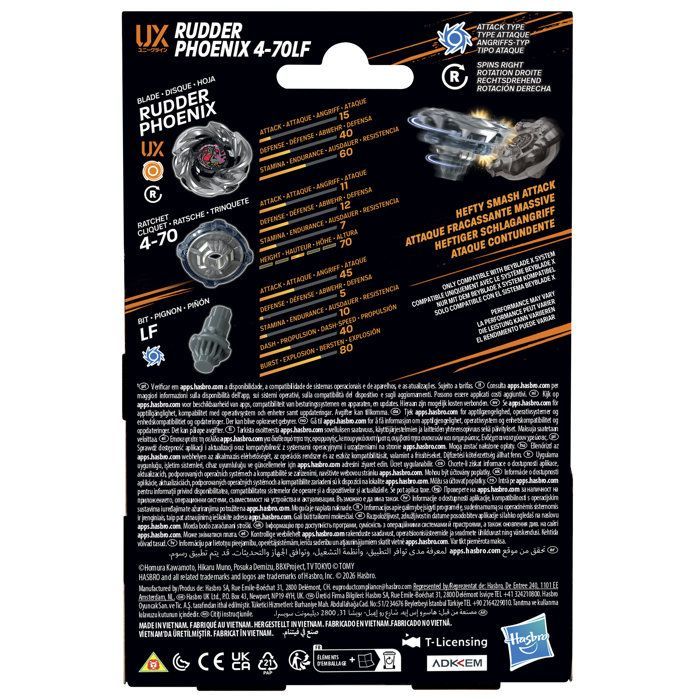 Beyblade X Starter Pack Rudder Phoenix 4-70LF UX, toupie Takara Tomy de type attaque avec lanceur, toupies de compétition, dès 8 ans