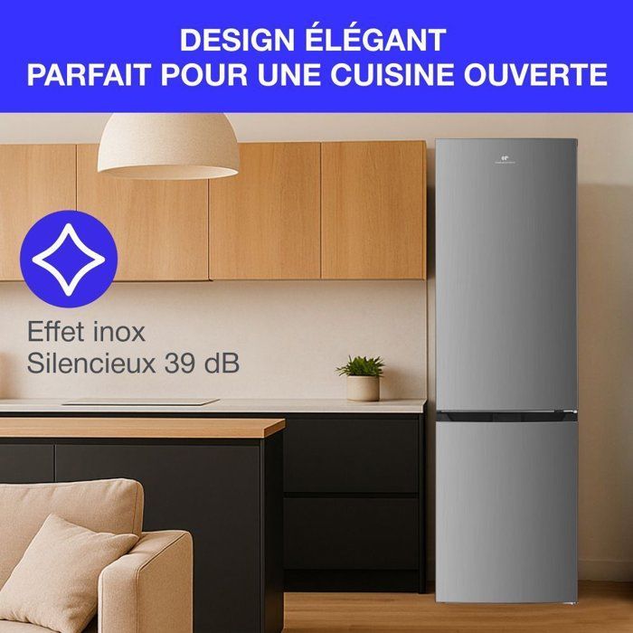 Réfrigérateur congélateur bas CONTINENTAL EDISON CEFC251NFS - Sans givre (congélateur et réfrigérateur) - 253L - Classe E - Inox