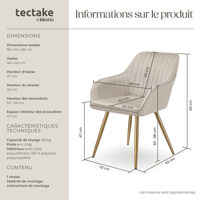 Stoel - TECTAKE - MARYLIN eetkamerstoel met fluweel en gewatteerde look en gouden stalen poten - Taupe/Goud