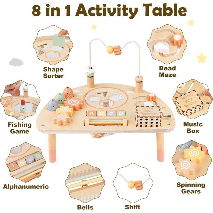 Mesa de atividades de madeira para bebês - ZUUKO - Montessori - Labirinto de contas - Classificador de formas - Oitava musical