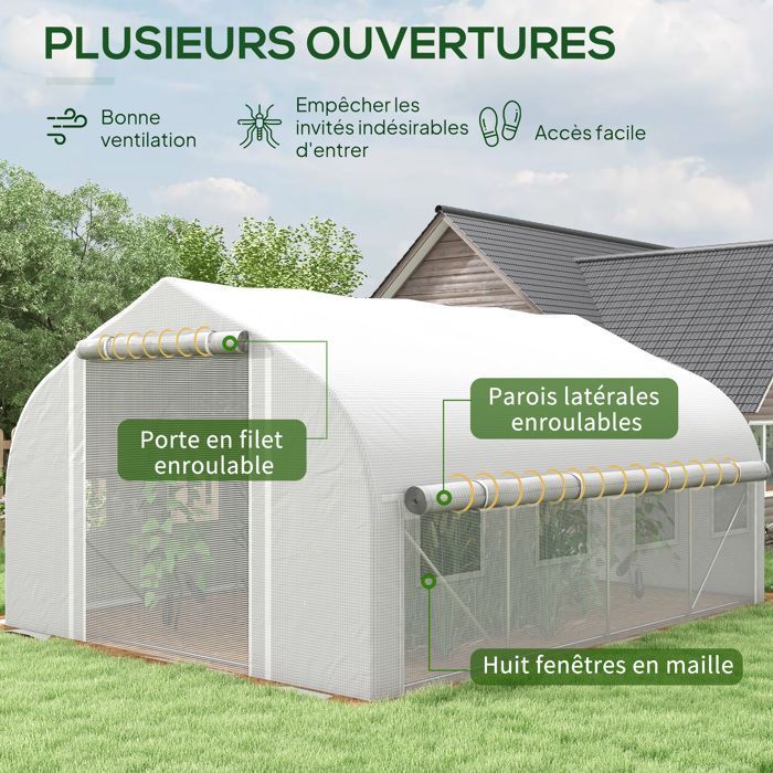 Outsunny 12m² Garden Tunnel Greenhouse (395x300x200cm) - 8-window door with mosquito nets, high-density 140g/m² PE cover - white