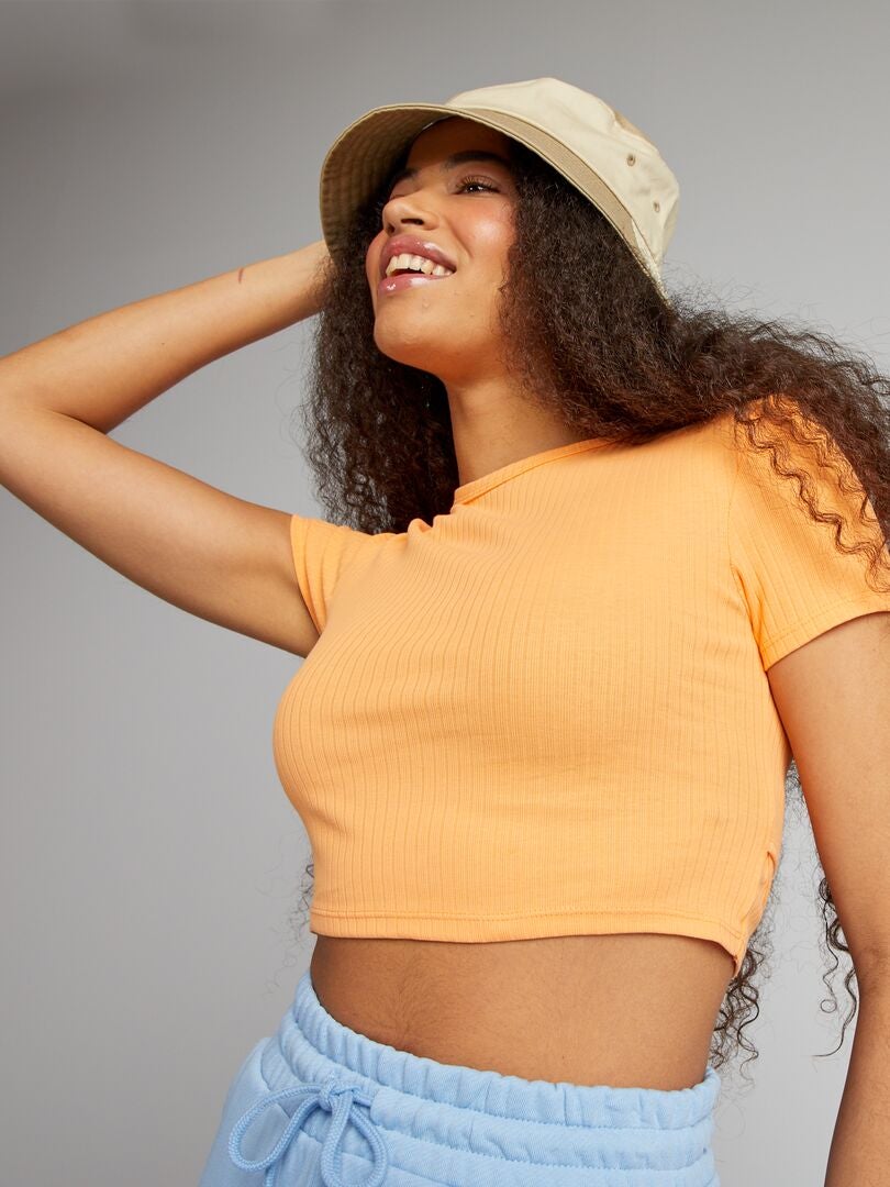 Geribbeld cropped T-shirt met trekkoordjes - ORANJE