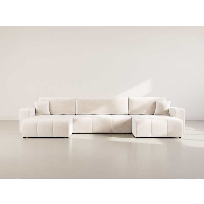 Nicole - Divano letto panoramico a forma di U a 7 posti con contenitore, in tessuto - Beige
