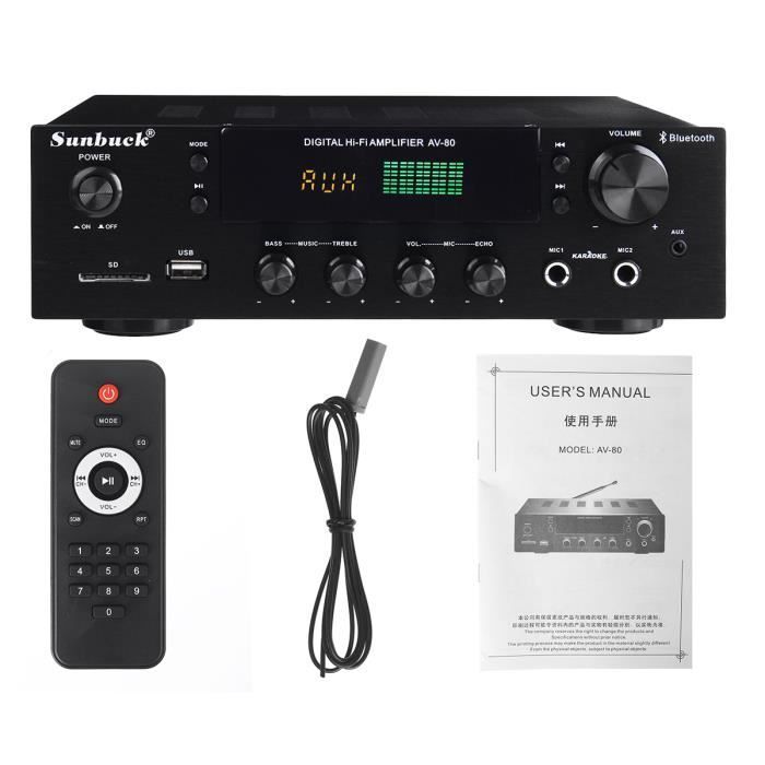 Amplificador Bluetooth de 2 x 200 W, 2 zonas, 5 canales de calibración, HDMI, USB, ranura para tarjeta SD, radio FM.