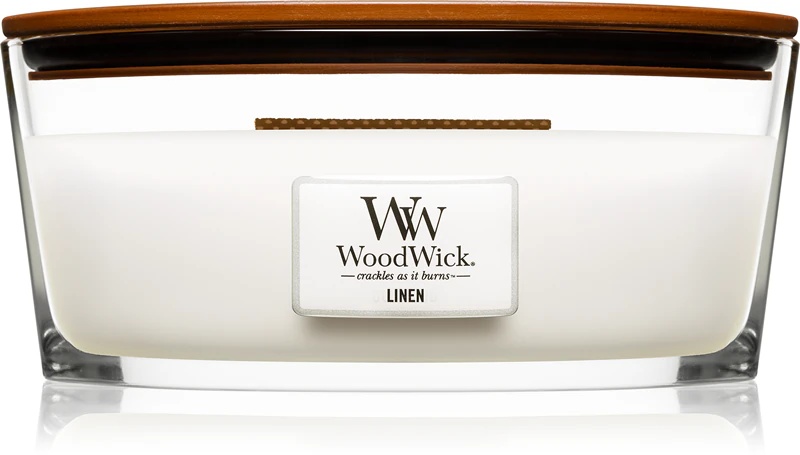 Woodwick Linen kvapioji žvakė su medine dagtimi (Heartwick)