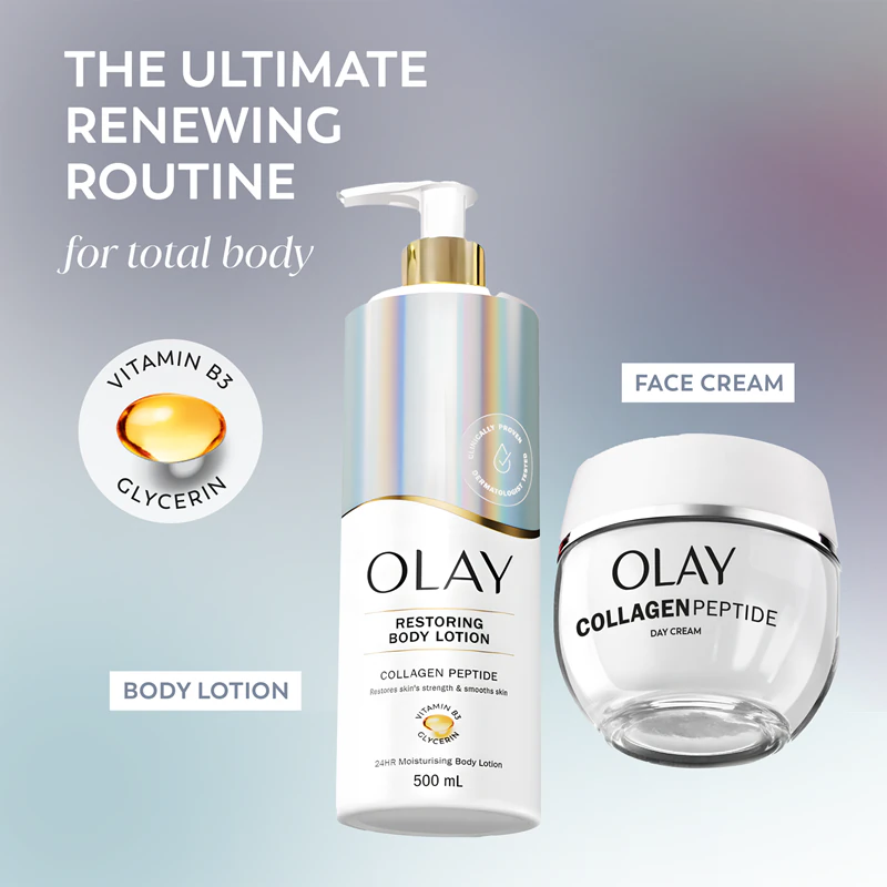 Olay Collagen Peptide Restoring Body Lotion, een hydraterende en verstevigende bodylotion.